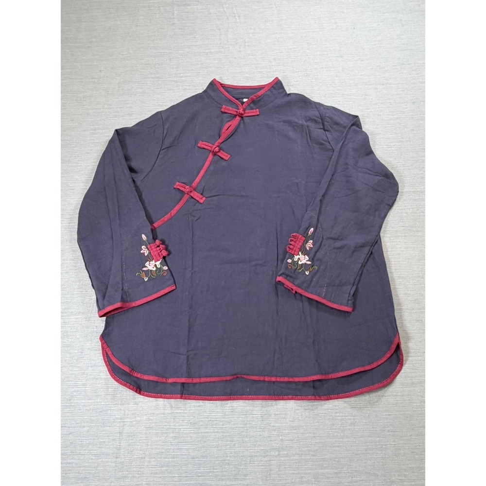 Vintage Style Mandarin Collar Frog Button Floral Embroidered Tunic Top Navy Blue